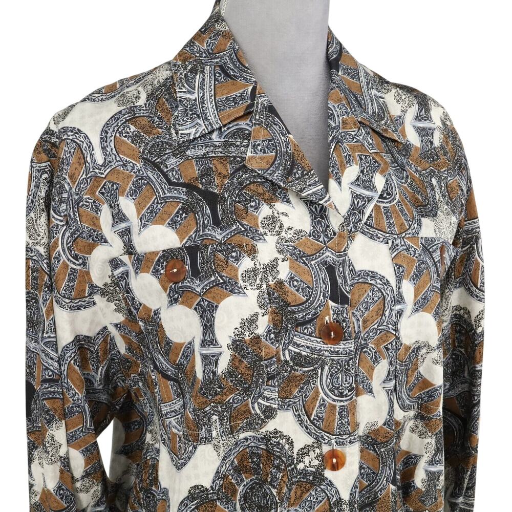 Laurel Escada Top Womens 6 Gray Brown Paisley Cotton Blouse Pockets Vintage - Picture 6 of 16